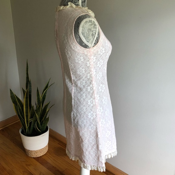 Vintage 60s pink white floral dress sleeveless blush mini ivory ruffle lace smal - Picture 9 of 11
